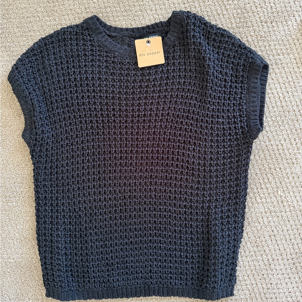 Blu Pepper Black Open-Knit Short Sleeve Crew Sweater